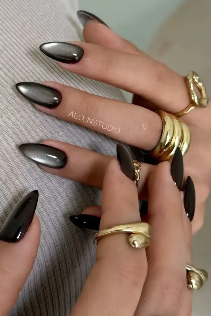 Almond Black Cat Eye Nails for a Bold Elegant Look
