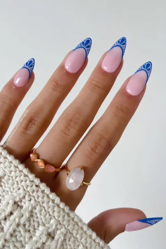 Blue French Nails With Mediterranean Flowers