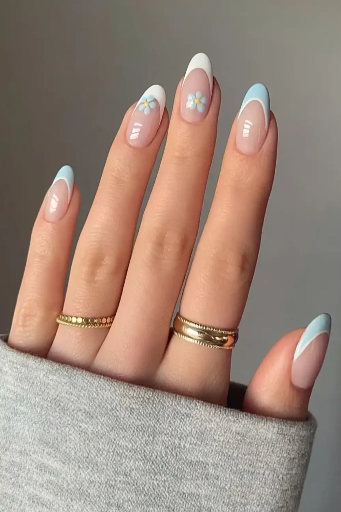 Blue And White Floral French Mani