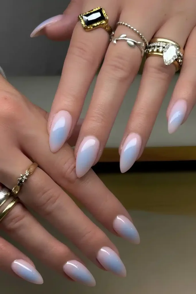 Blue Aura Nails On A Milky Pink Base