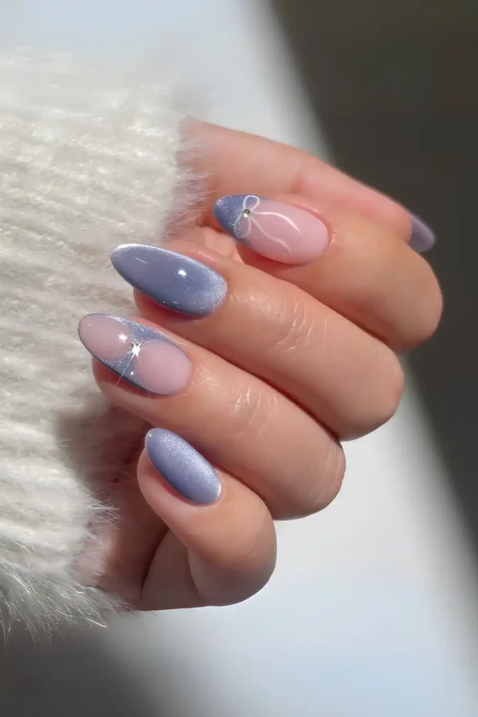 Blue Cat Eye Nails With Bows for a Cute Elegant Look
