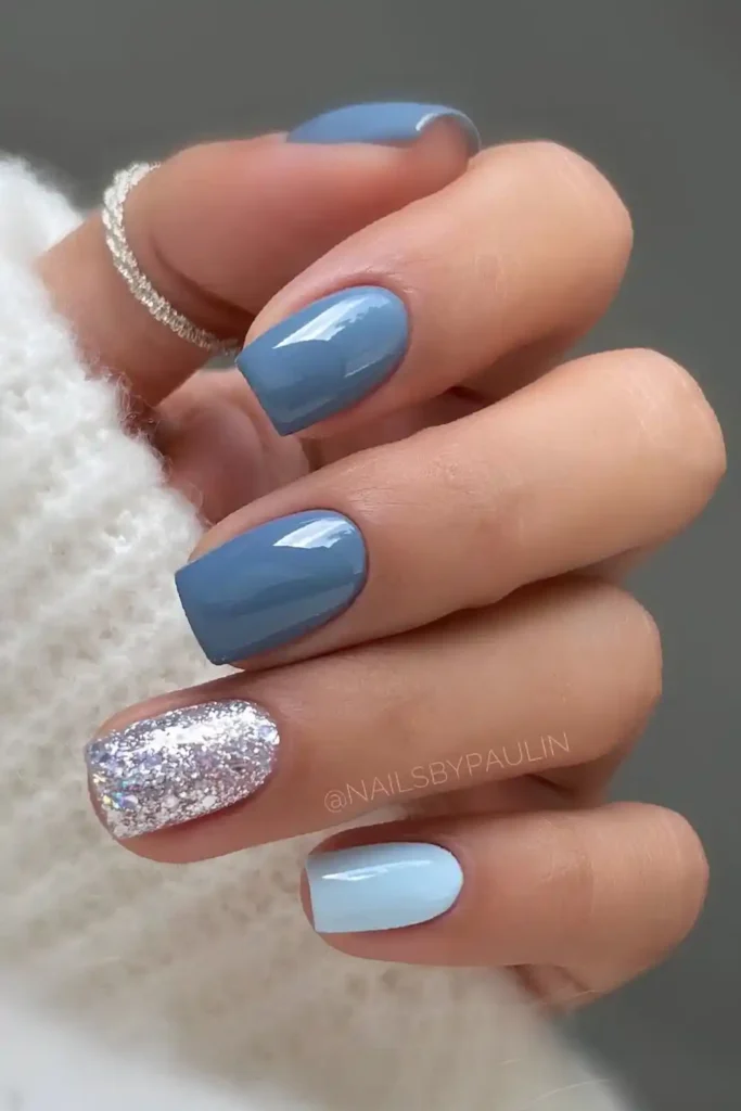 Blue Winter Nails With Silver Glitter