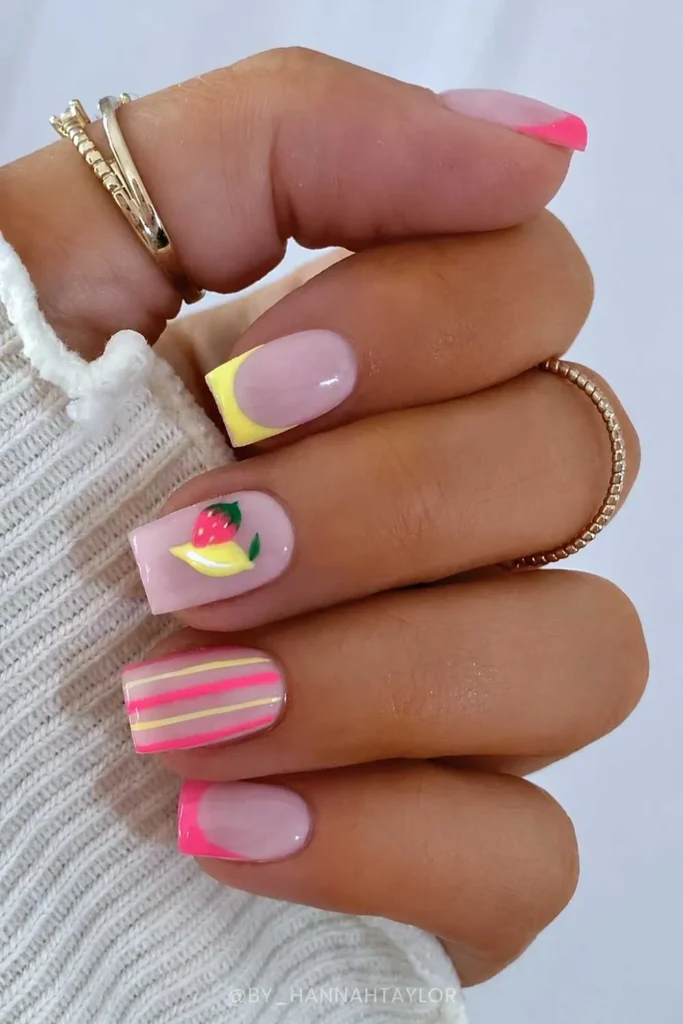 Bold Pink And Yellow Nails With Lemon Art