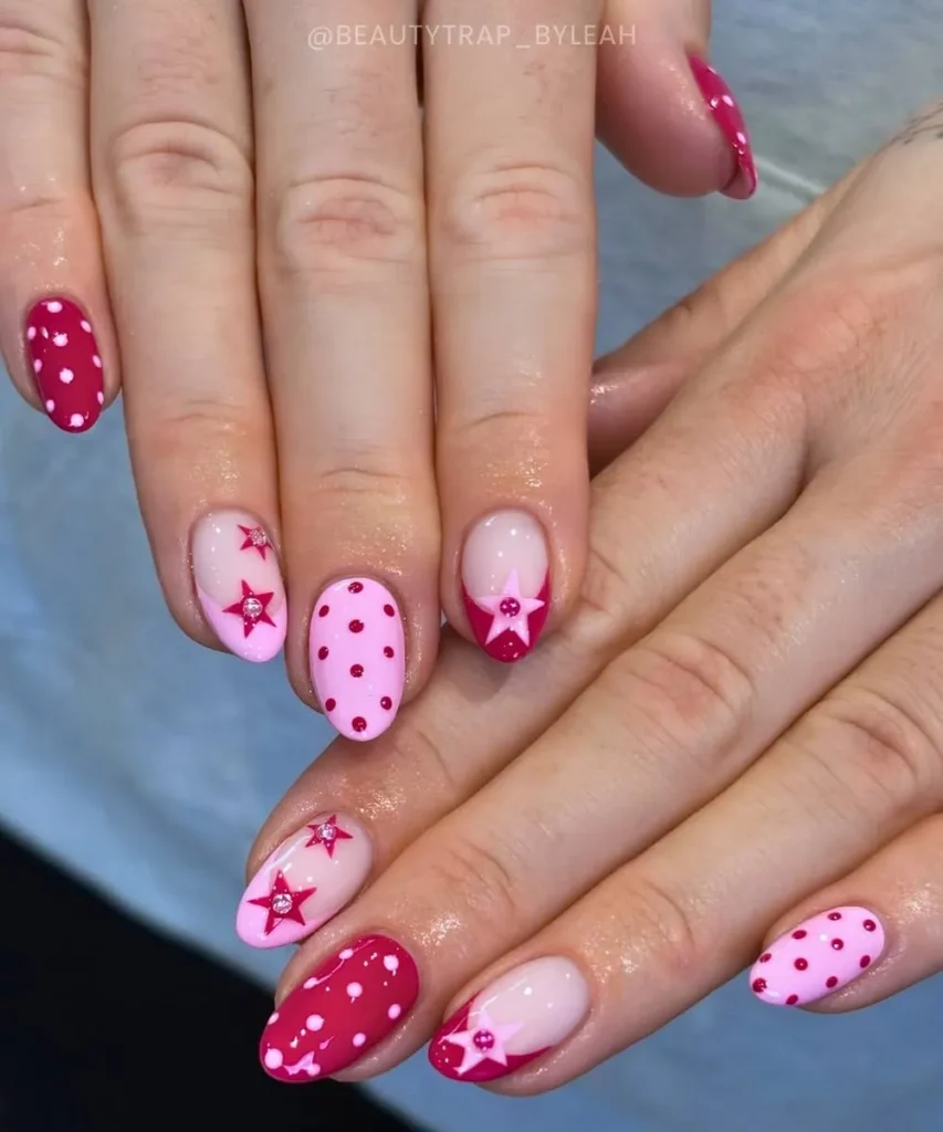 Bright And Light Pink Mani With Stars And Dots