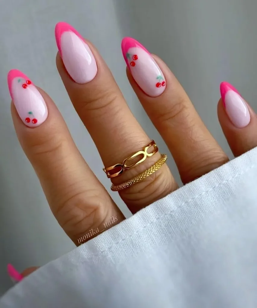 Bright Pink French Mani With Cherry Art