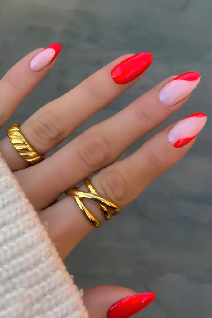 Bright Red Nails With Negative Space Accent