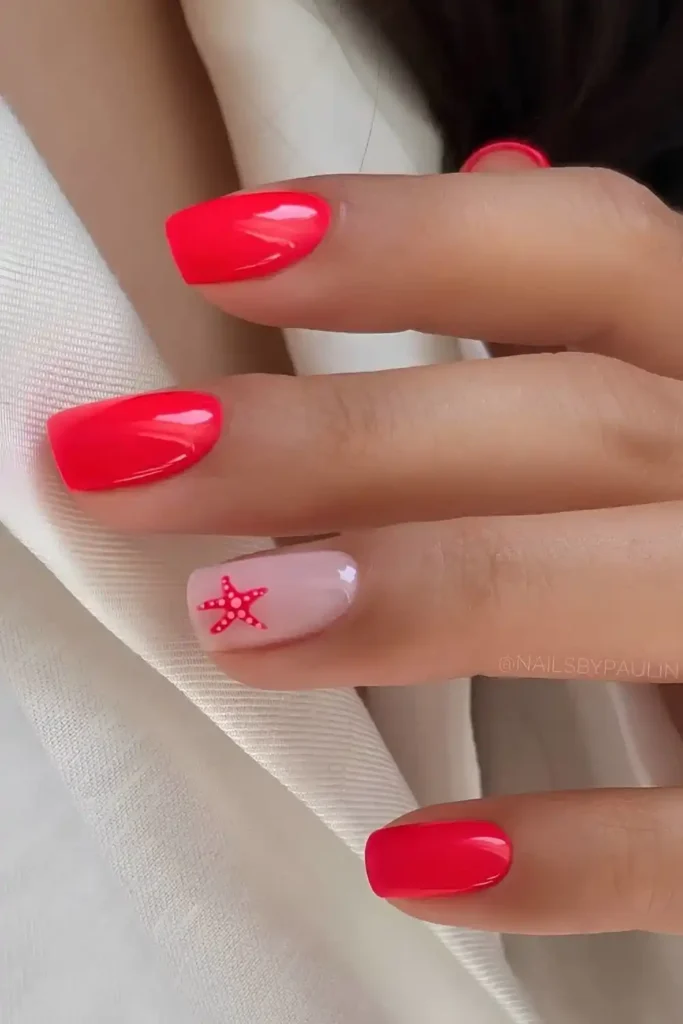 Bright Red Nails With Starfish Art