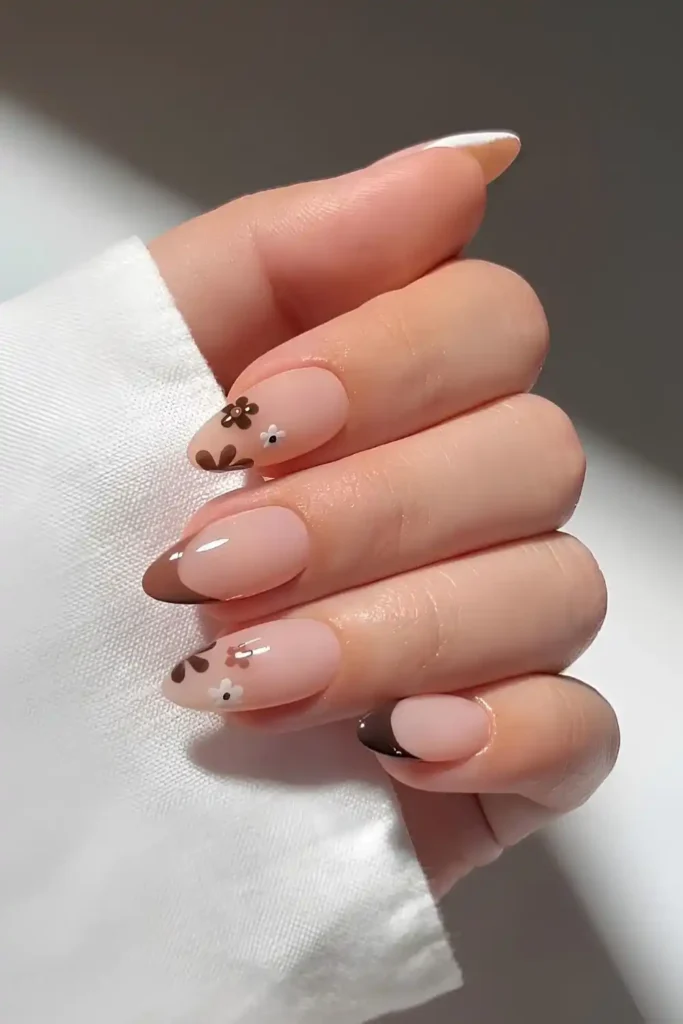Brown French Manicure With Flowers