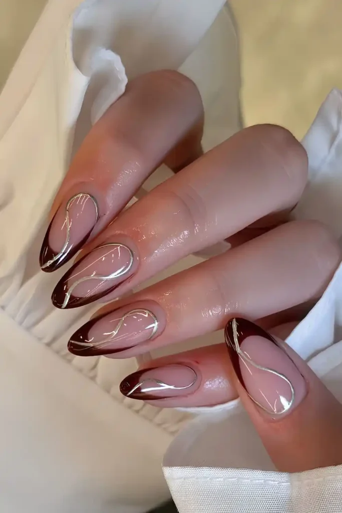 Brown French Tip Mani With Silver Swirls