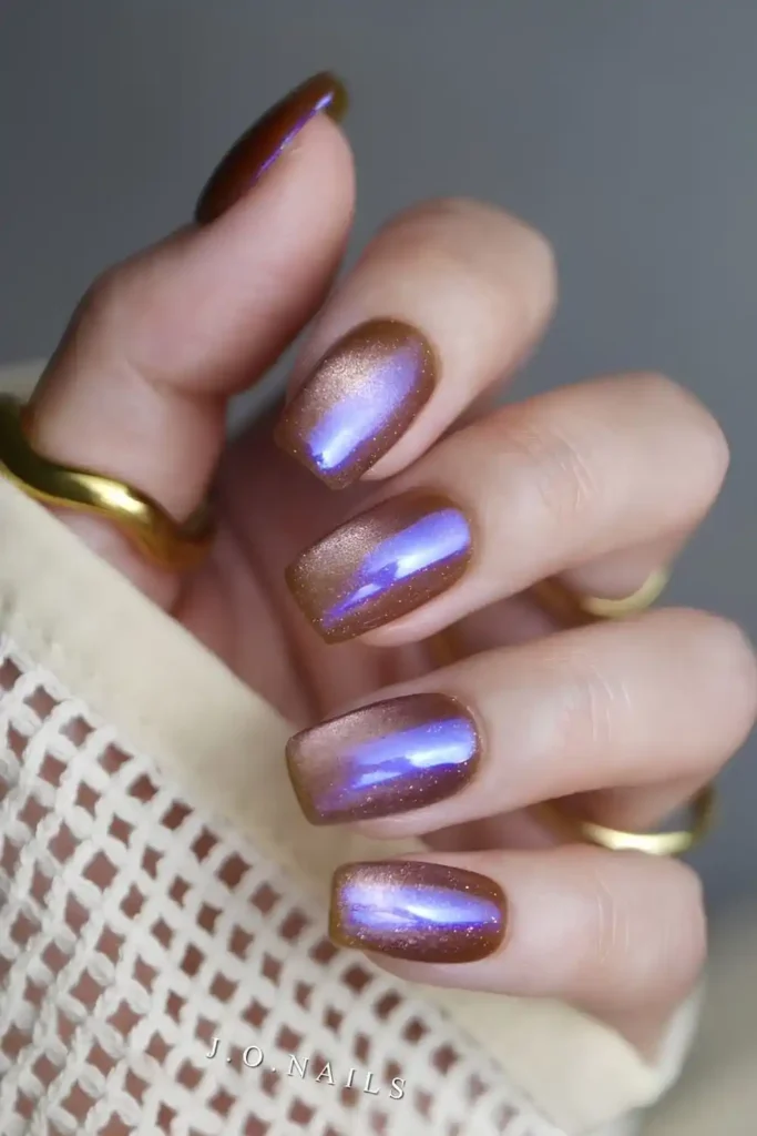 Brown and Blue Cat Eye Nails With a Mesmerizing Finish
