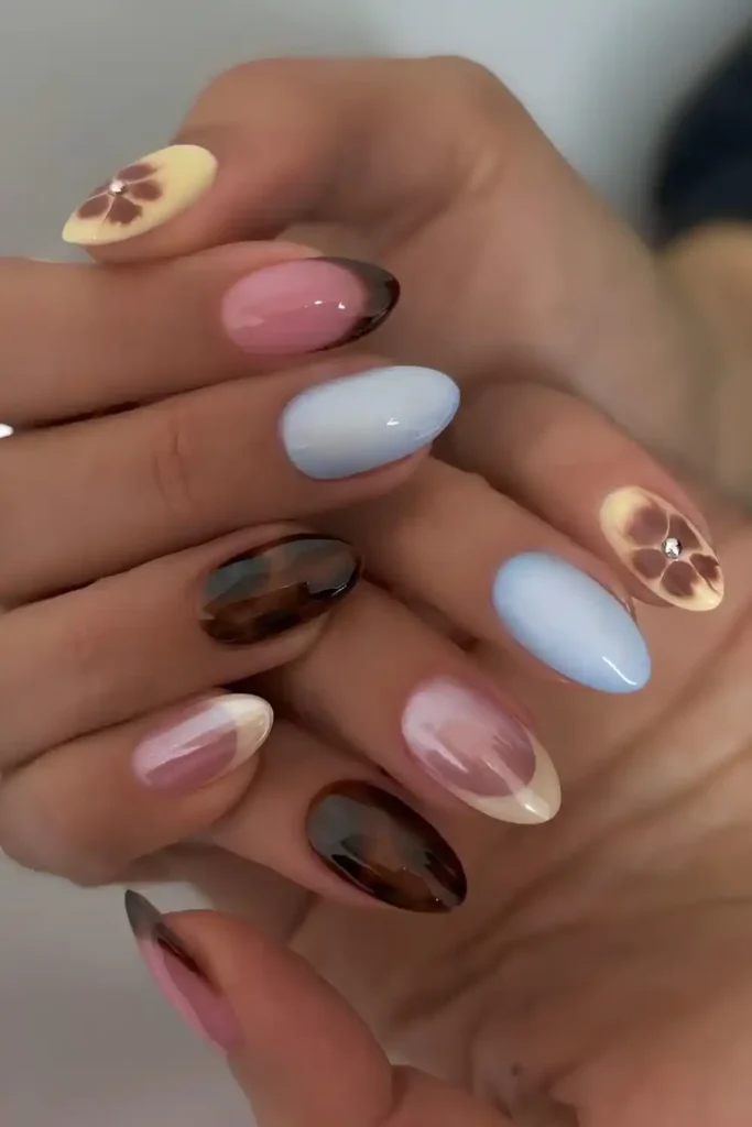 Brown And Blue Nails With Tortoise And Blooming Gel Accents