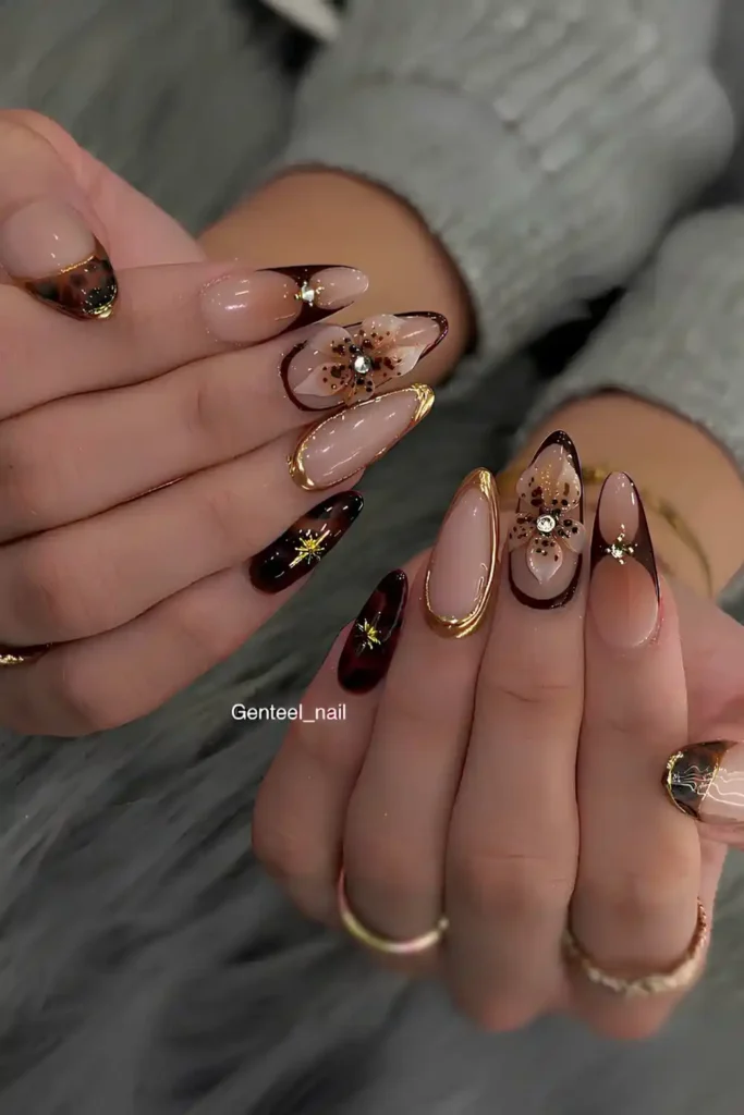 Brown And Gold Nails With 3D Flowers