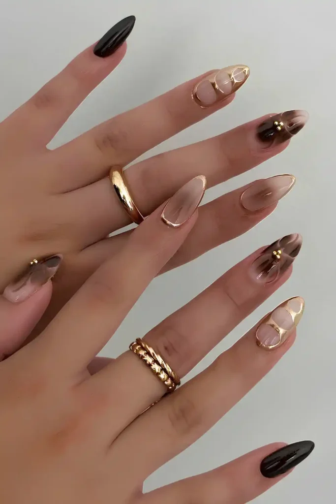 Brown And Gold Nails With Blooming Gel Flowers