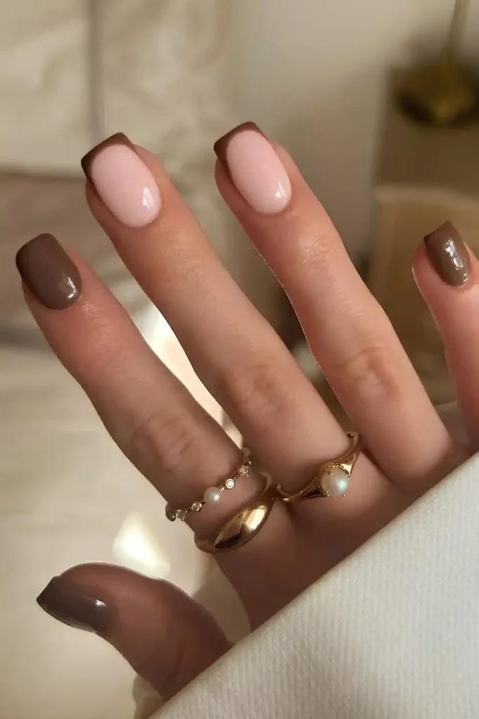 Brown Manicure With Accent French Tips