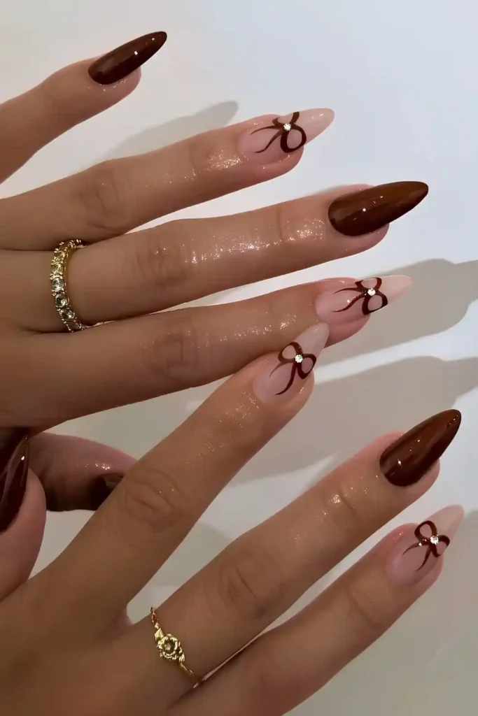 Brown Nails With Accent Bow Art