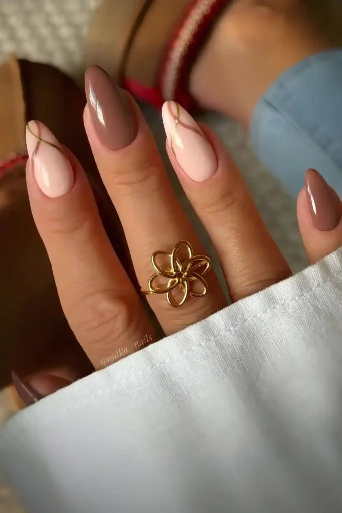 Brown Nails With Accent Line Art