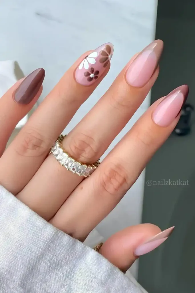 Brown Nails With Floral Art