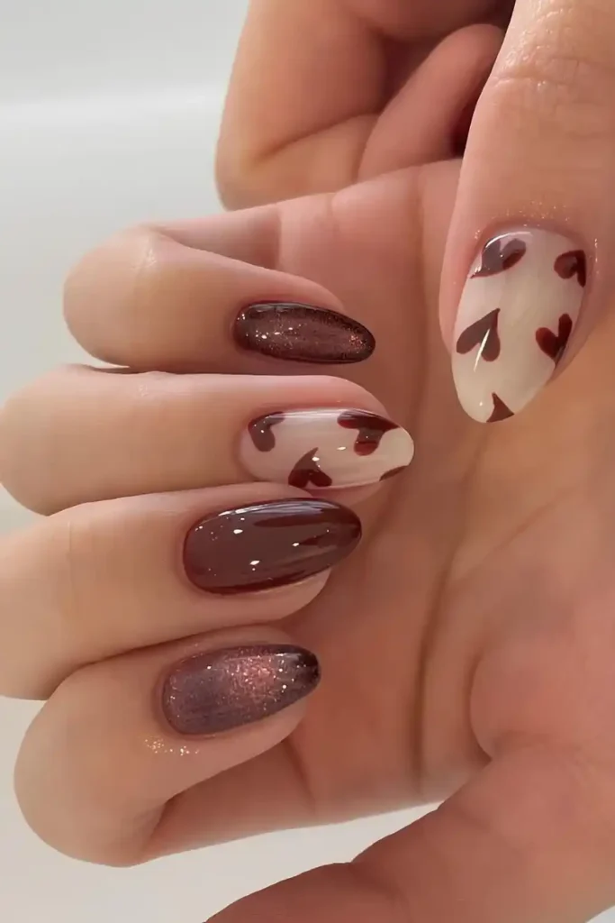 Brown Nails With Hearts And Glitter