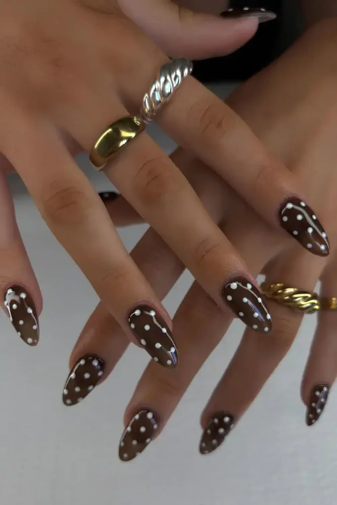 Brown Nails With Pink Polka Dots