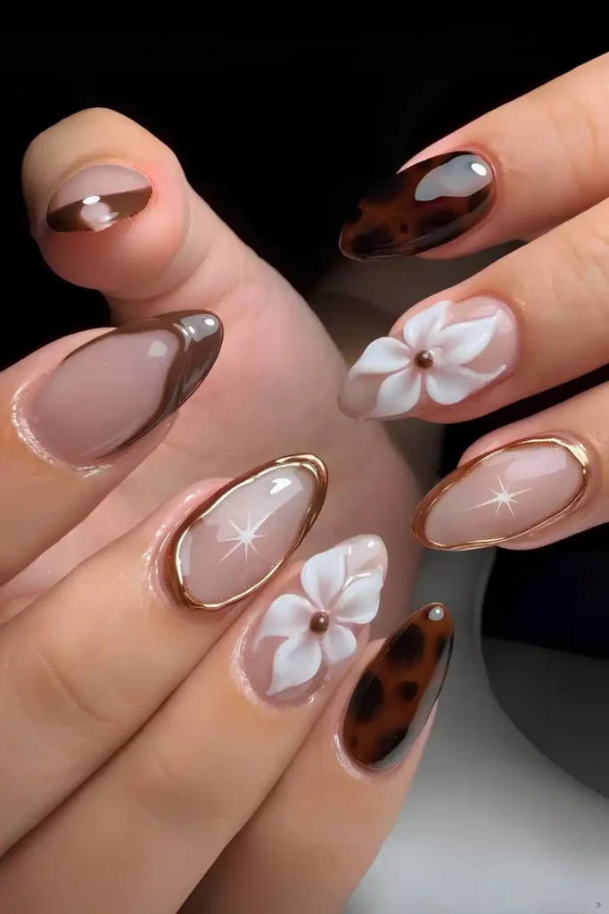 Brown Textured Nails With Flowers And Tortoise Shell