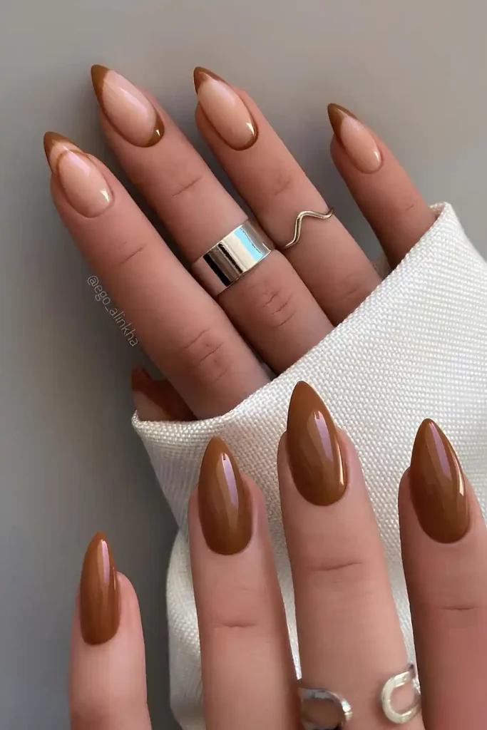 Caramel Brown Nails With Accent French Tips