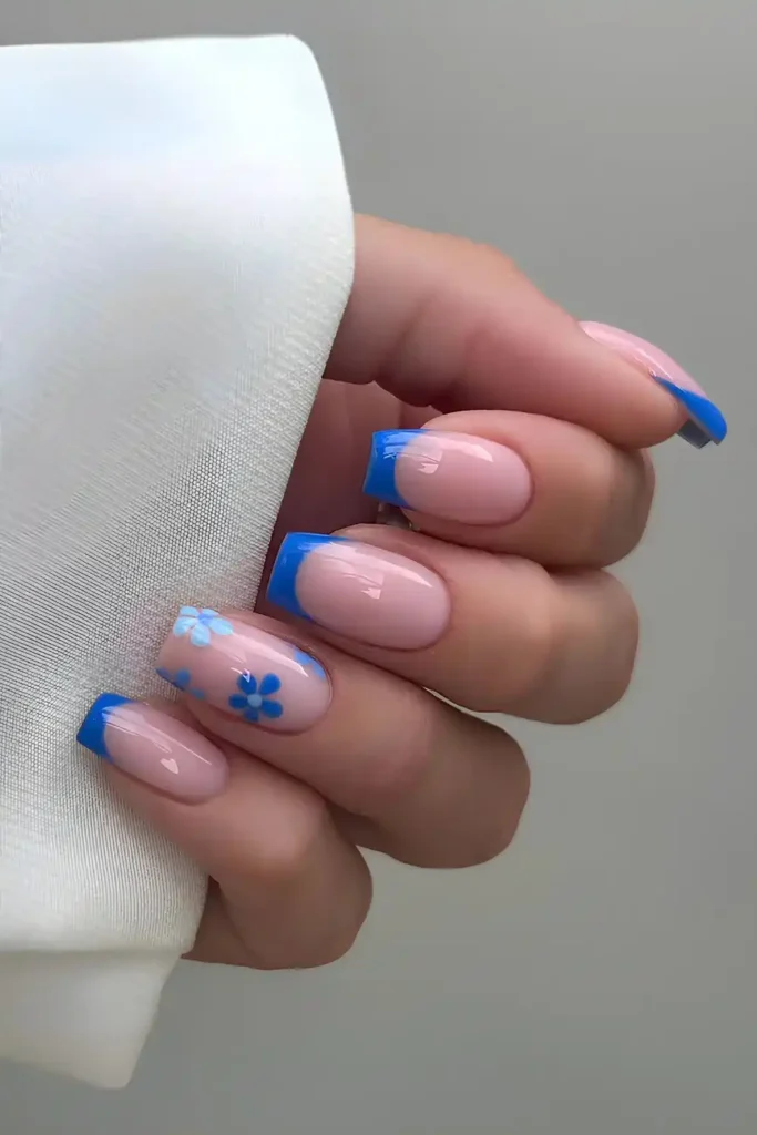 Cobalt Blue Floral French Nails