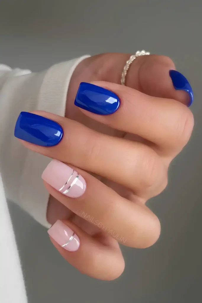 Cobalt Blue Manicure With Accent Silver Lines