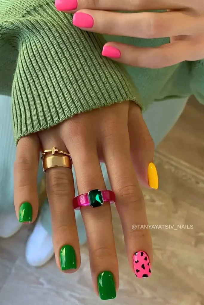 Colorful Nails With Leopard Print Detail