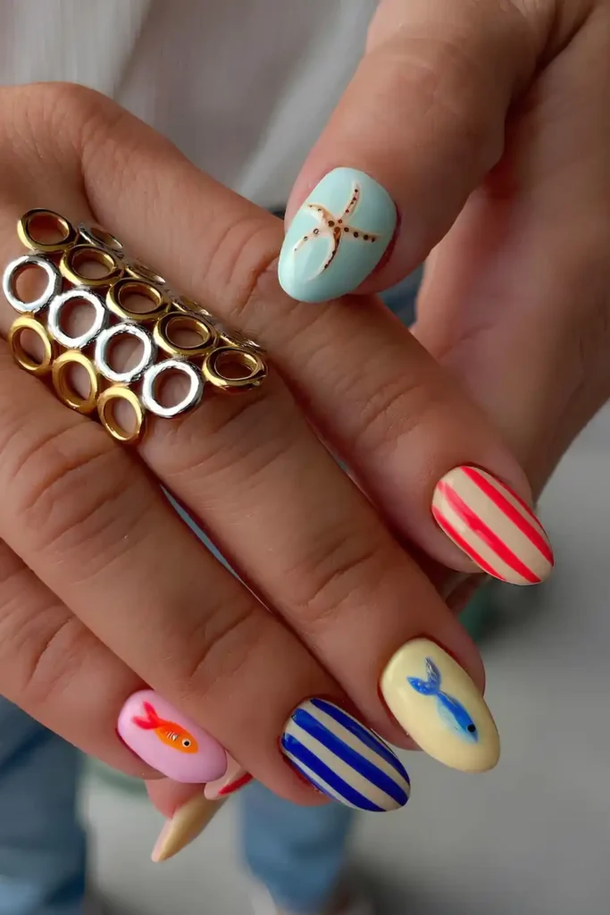 Colorful Nails With Stripes And Beach Themed Art