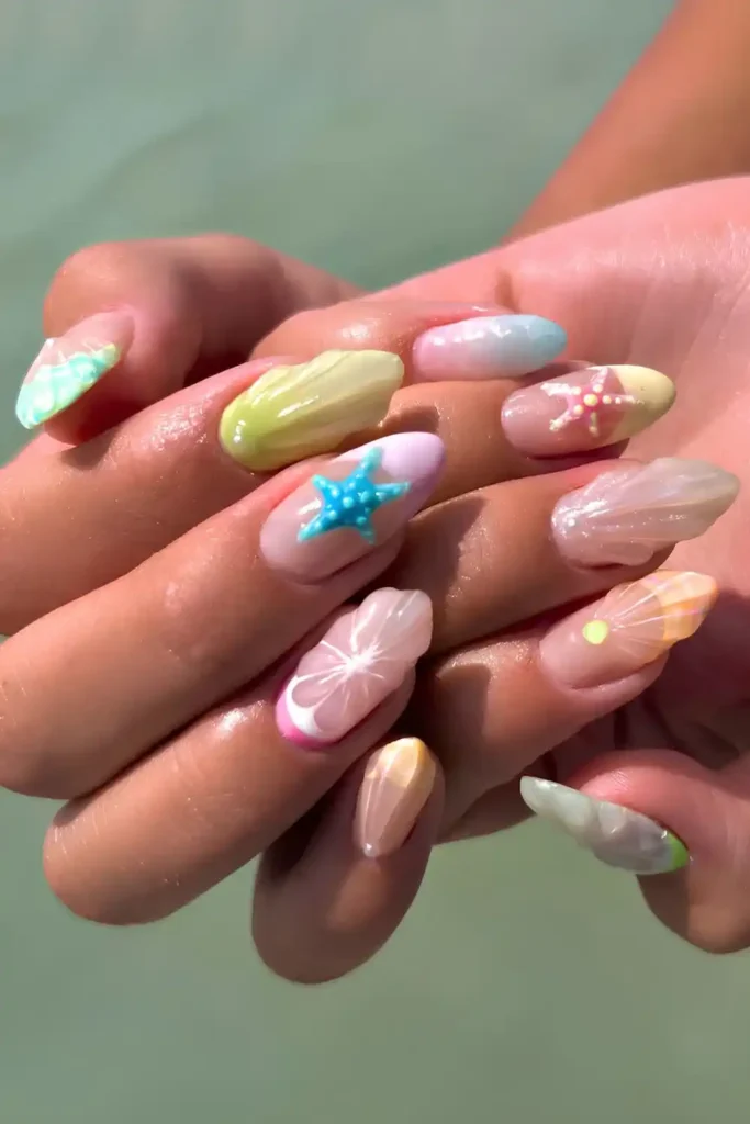 Colorful Summer Mix And Match Mani With Fruit And Ocean Art