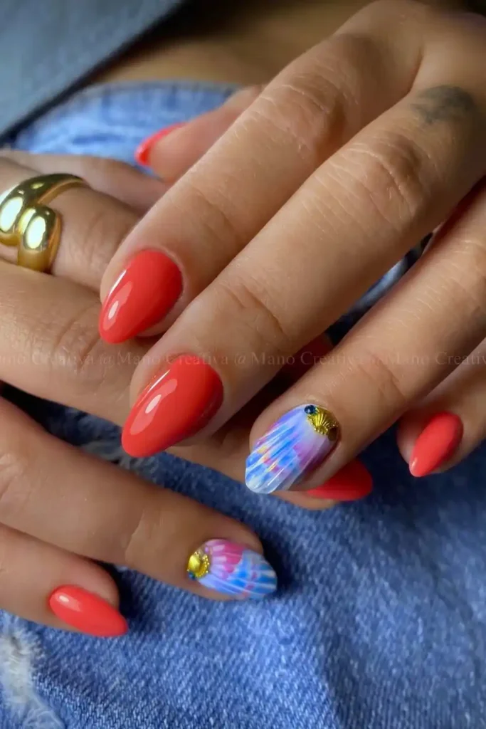 Coral Red Nails With Seashell Art