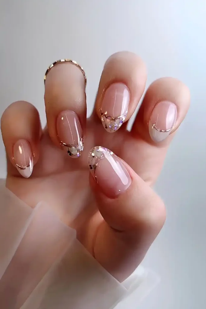 Crystal Inspired Gold And White French Nails That Shine