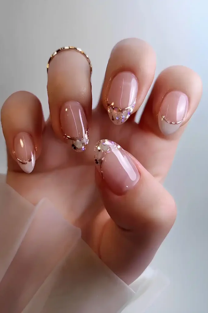 Crystal Inspired White and Gold French Mani That Shines Beautifully