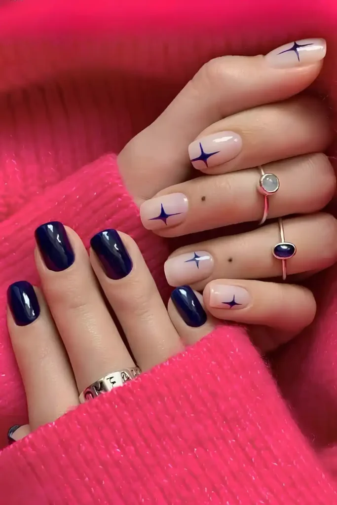 Dark Blue Mani With Starburst Art