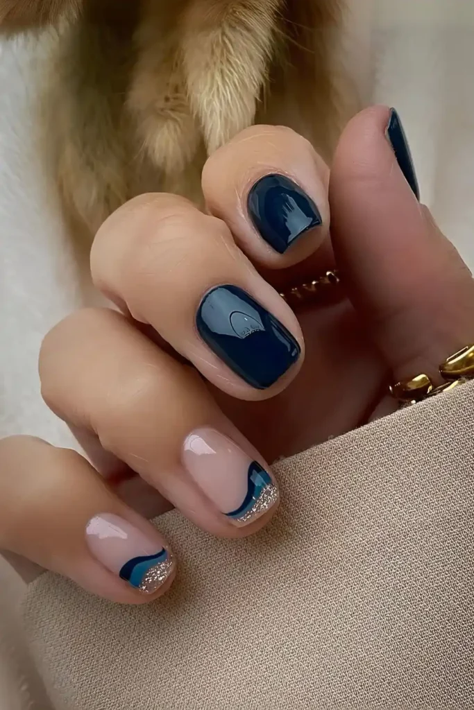 Dark Blue Nails With Accent Swirls
