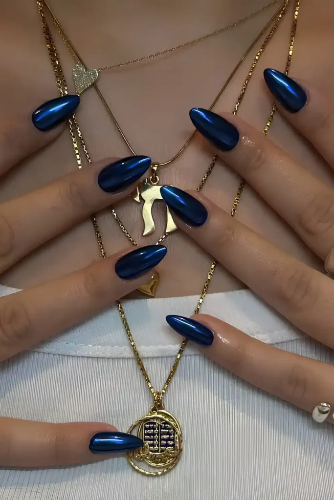 Dark Blue Nails With Chrome Finish