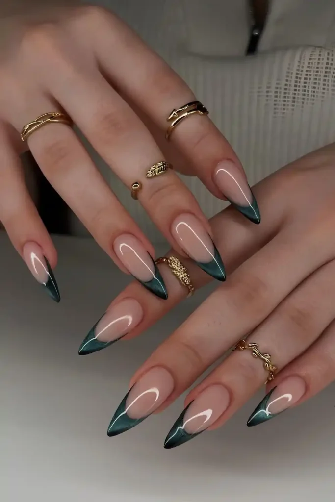 Dark Green Cat Eye French Nails With a Magnetic Shine
