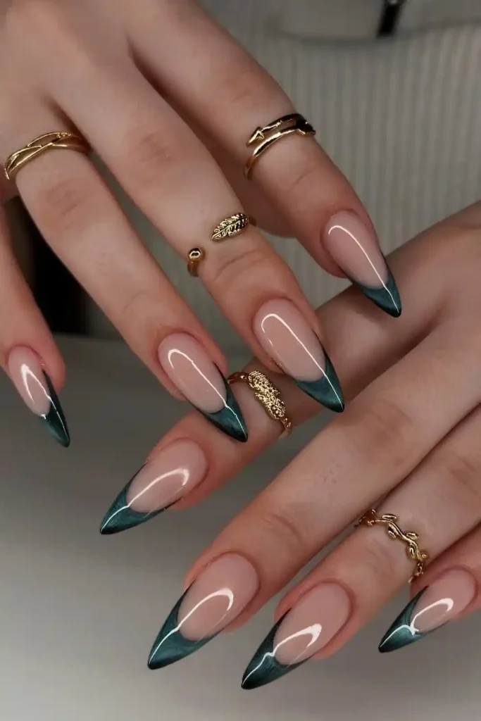 Dark Green Cat Eye French Tip Manicure You'll Love