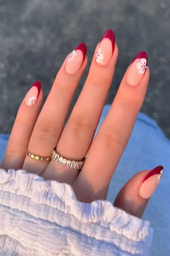 Dark Red French Nails With Flowers