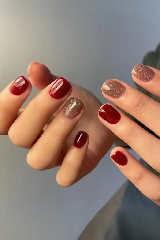 Dark Red And Gold Glitter Nails