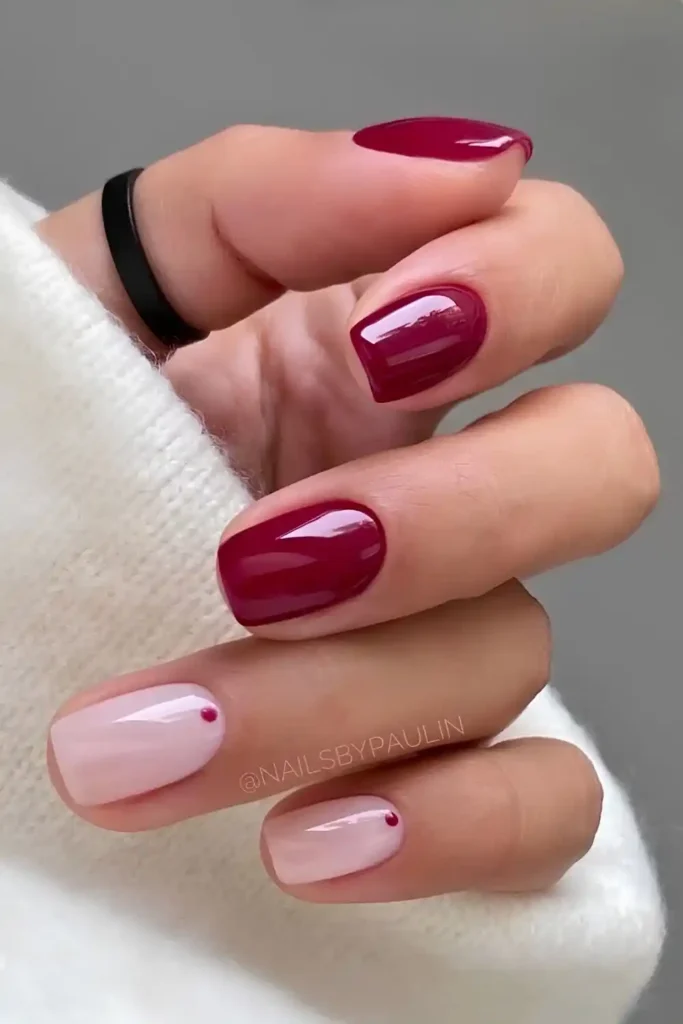Dark Red And Pink Mani With Accent Dots
