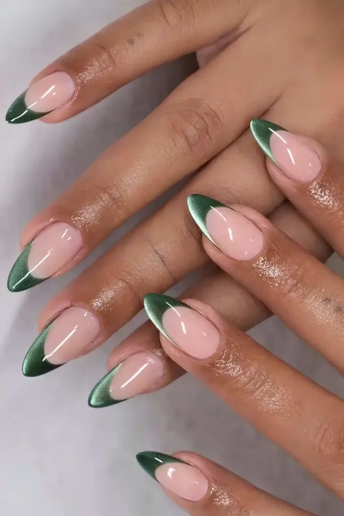 Deep Green Cat Eye French Manicure With a Modern Twist