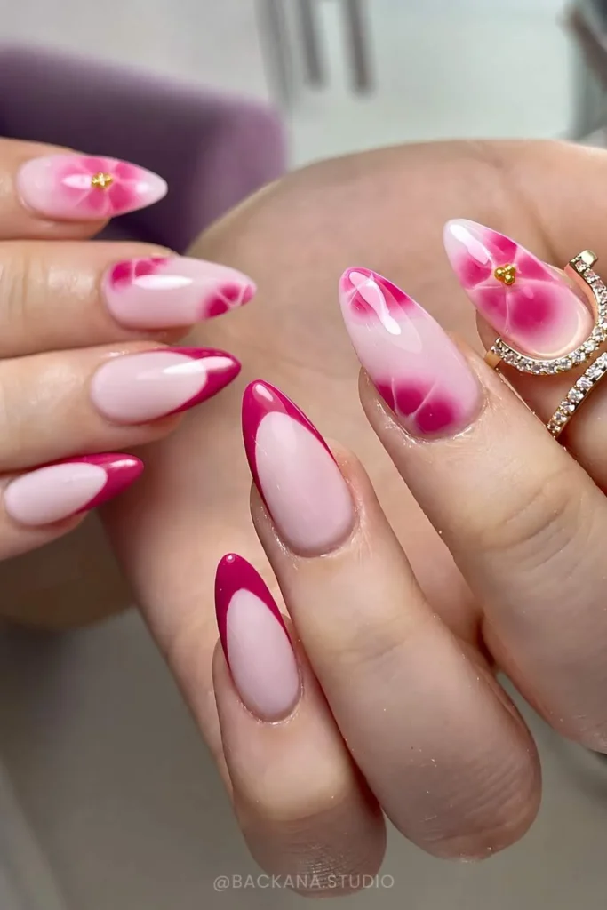 Deep Pink French Mani With Blooming Gel Flowers
