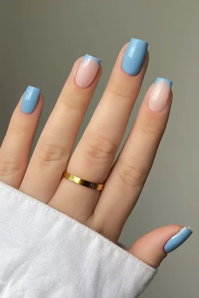 Denim Blue Nails With Accent French Tips