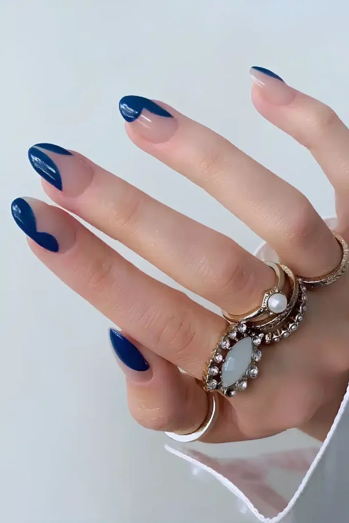 Funky Navy Blue Nails With Abstract Swirls
