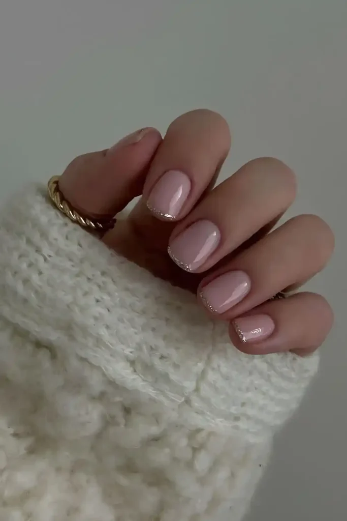 Glittery Gold French Tips On Nude Base