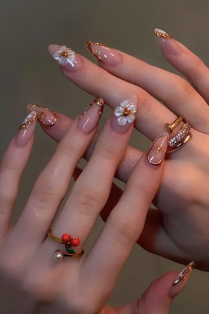 Gold French Mani With Sculpted Flower Accents for a Stunning Finish