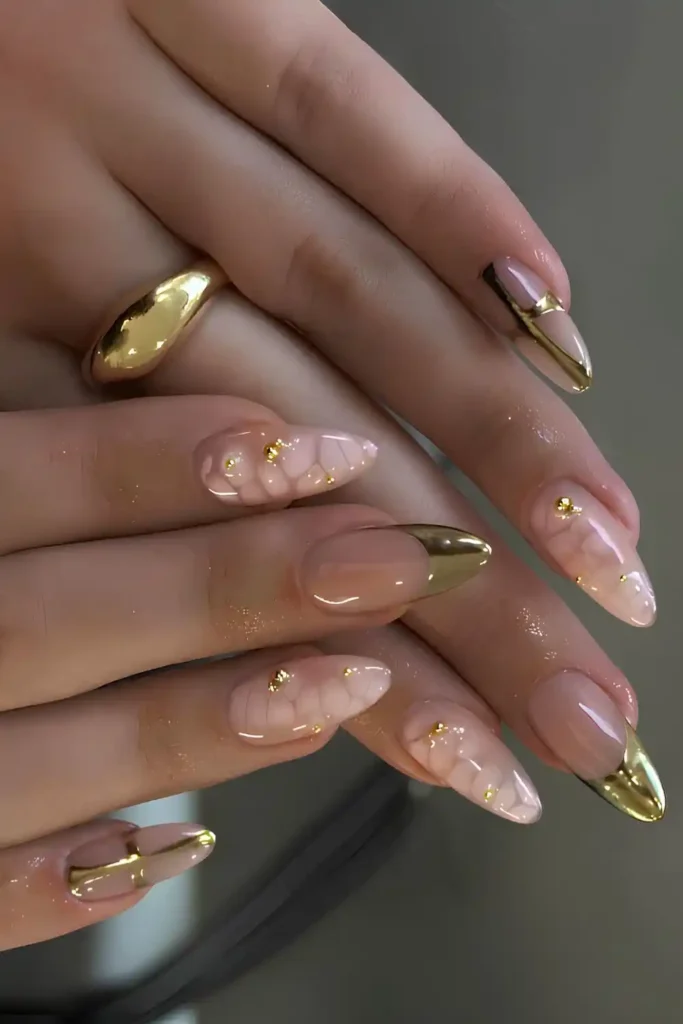 Gold French Mani With White Animal Print Art for a Bold Statement