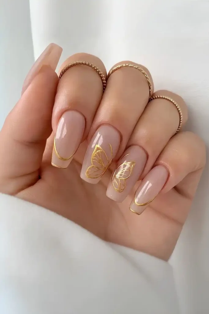 Gold French Tip Outline Nails With Butterflies for a Delicate Look