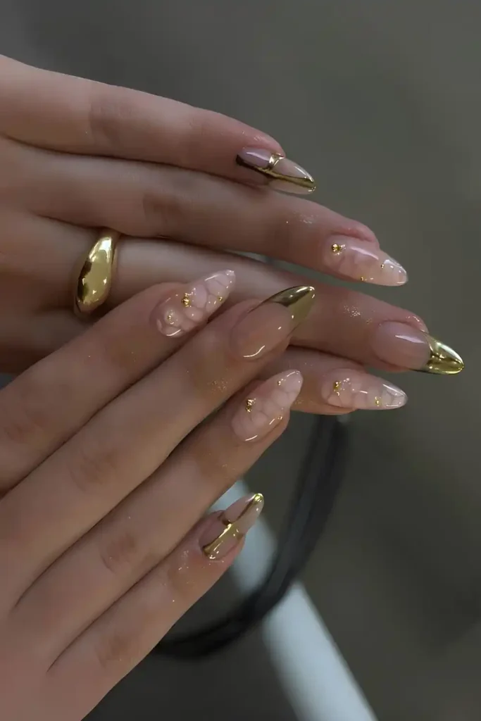 Gold French Tips With Animal Print Accent